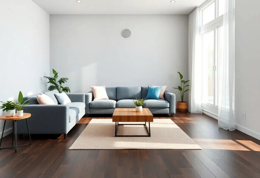 دکوراسیون مینیمال با پارکت قهوه‌ای و مبل خاکستری